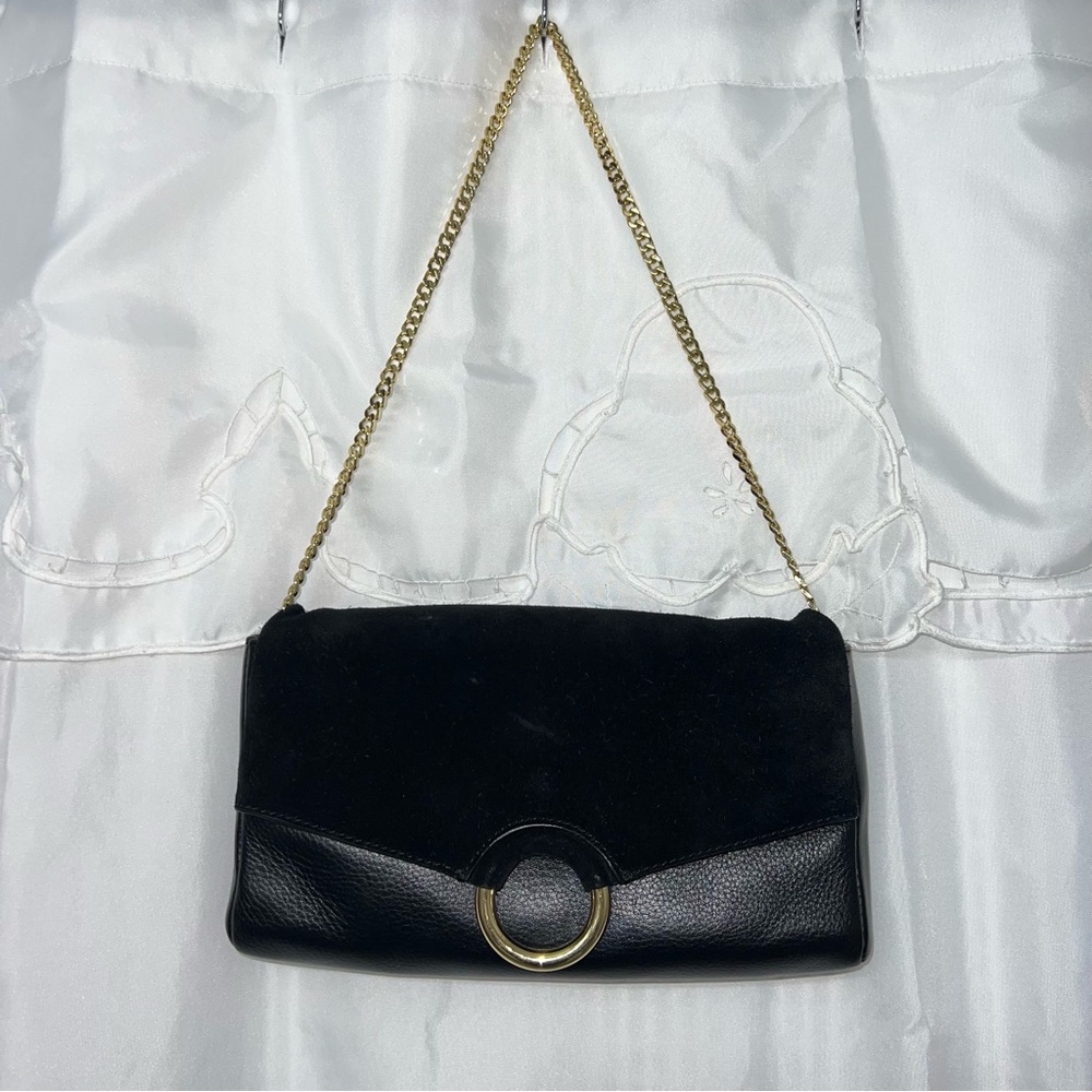 Vince Camuto Black Leather & Suede Flap Shoulder Bag with Gold Chain